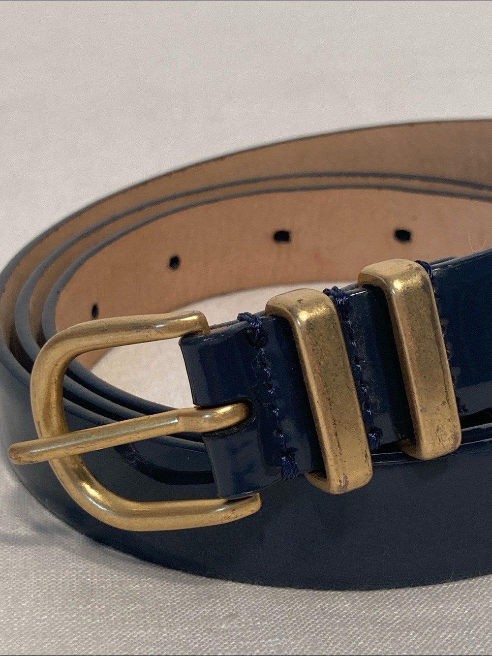 J. Crew Navy Patent Leather Belt with Gold Buckle - Picture 2 of 14